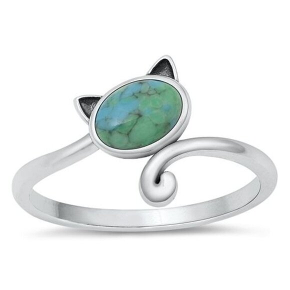 Sterling Silver 925 Turquoise Cabochon Kitty Cat Bypass Style Band Ring Sz 6 - Picture 1 of 16